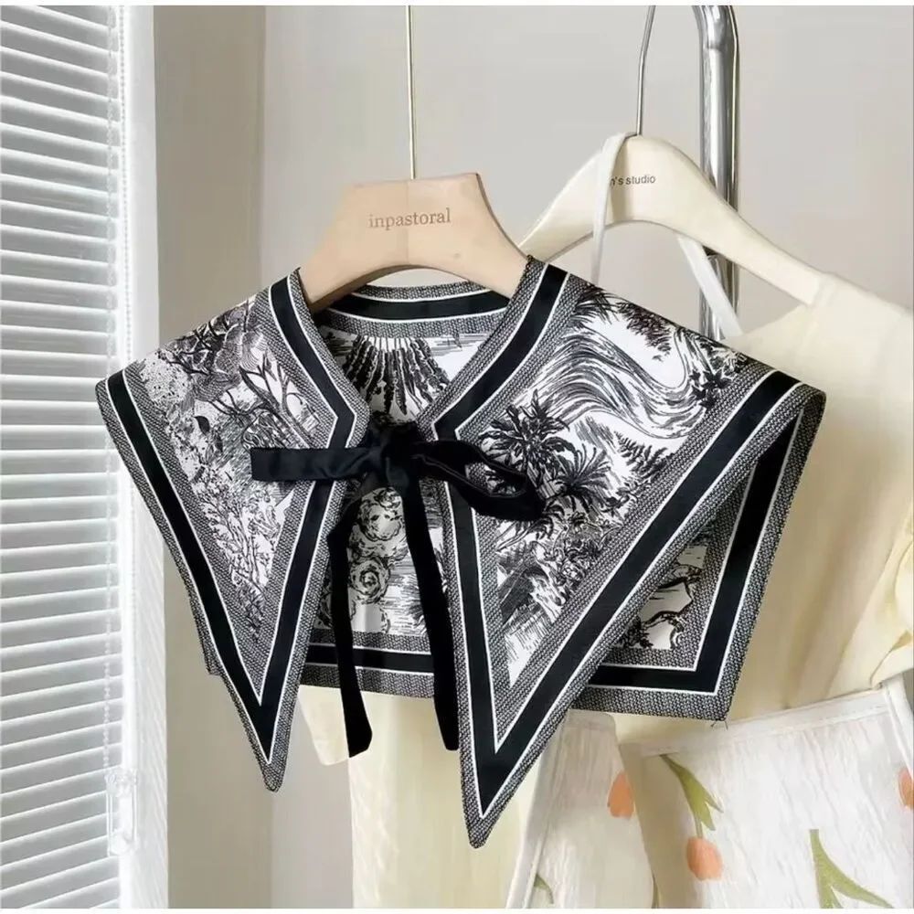 Luxury Black White Detachable Collar Toile Print Statement Tie Front Chic Style